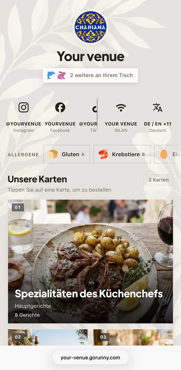 Die GoRunny-Speisekarte eines Lokals am Handy nach dem Scannen des QR-Codes am Tisch: Speisekarten, Allergene, WLAN und Sprache