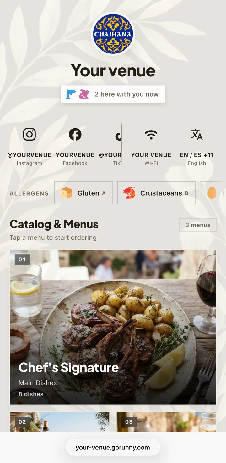 De GoRunny-menukaart van een zaak op een telefoon na het scannen van de QR-code op tafel: menu’s, allergenen, wifi en taal