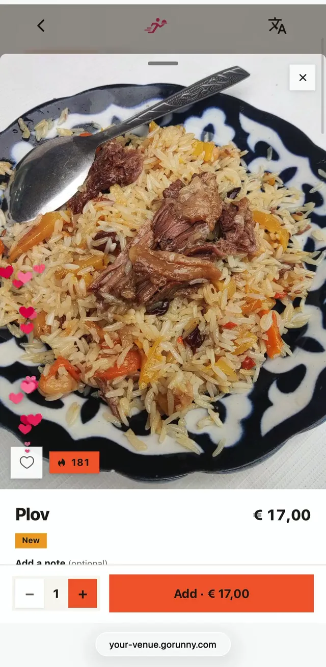 Ein Gericht in der QR-Speisekarte von GoRunny mit Preis und Bestellknopf